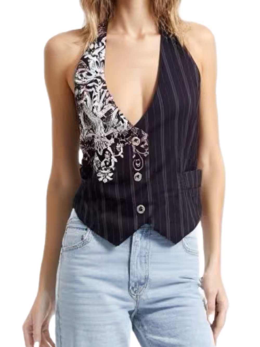 Fang Striped Black Pinstripe Halter Vest with embroidered Floral Accent Size M